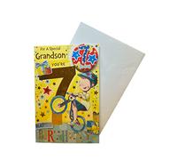 "Express Yourself" Birthday Card for Grandson Age 7 - Envelope and Badge Included - Animated Little Boy Riding His Bike Design