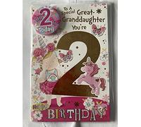 "Express Yourself" Birthday Card for Great Granddaughter Age 2 - Envelope and Badge Included - Animated Design with Little Girl and Unicorn Design
