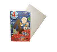"Express Yourself" Birthday Card for Great Grandson Age 4 - Includes Badge and Envelope - Animated Astronaut in Space Design for 4-Year-Old Boy