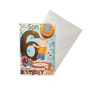 "Express Yourself" Birthday Card for Son Age 6 - Includes Badge and Envelope - Animated Little Boy Jumping on a Trampoline for 6-Year-Old Boy