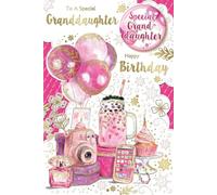 "Express Yourself" Birthday Card On To A Special Granddaughter - White And Pink theme, some pink balloons with camera, mobile, perfume, cupcake and some gifts.