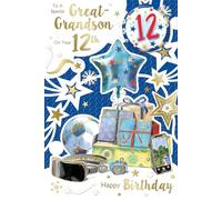 "Express Yourself" Birthday Card To A Special Great-Grandson On Your 12th - White And Light Blue theme, Beautiful mobile, watch, football with some gifts and balloons with beautiful decoration.