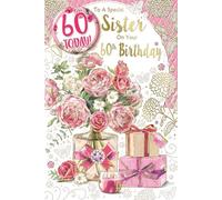 "Express Yourself" Birthday card To A Special Sister On Your 60th Birthday - White and Pink theme with some pink flowers and some gifts.
