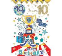 "Express Yourself" Birthday Card with Included Badges for Age 10 - Includes Keepsake and Badge - Sports theme and golden trophy with some sports instrument.