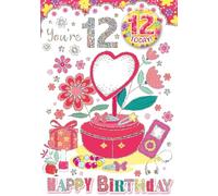 "Express Yourself" Birthday Card with Included Badges for Age 12 - Includes Keepsake and Badge - Heart shape flowers with phone and headphone with beautiful flowers.