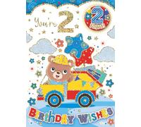 "Express Yourself" Birthday Card with Included Badges for Age 2 Boy - Includes Keepsake and Badge - Beautiful red and yellow colour car with two big star decoration.