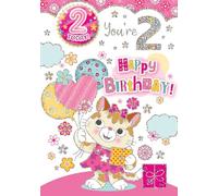 "Express Yourself" Birthday Card with Included Badges for Age 2 Girl - Includes Keepsake and Badge - Pink Theme And Mini cartoon is standing holding a balloon.