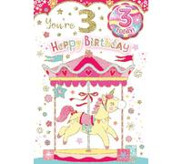 "Express Yourself" Birthday Card with Included Badges for Age 3 Girl - Includes Keepsake and Badge - Pink Theme And laeacco carousel round backdrop with beautiful star decoration.
