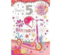 "Express Yourself" Birthday Card with Included Badges for Age 5 Girl - Includes Keepsake and Badge - Pink Theme with One leg push cycle and star, flower decoration.