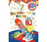 "Express Yourself" Birthday Card with Included Badges for Age 7 - Includes Keepsake and Badge - Blue theme and Skateboard, Shoes and helmet with star decoration.