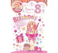 "Express Yourself" Birthday Card with Included Badges for Age 8 Girl - Includes Keepsake and Badge - Pink Theme and ice cream cup with beautiful stars decoration.