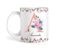 Expression Expert Personalised Floral Initial Name Mug - 11oz Custom Ceramic Coffee Cup, Customised Gift for Birthday Party, Friends & Family, Stylish Personalised Tea Mug - Rose