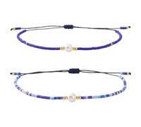 EXQIOUR Pack of 2pcs Vintage Ethnic Beaded Bracelets with Natural Pearls Adjustable String for Women Girls Handwoven Beaded Chain Bracelets