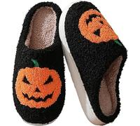 EXQST Halloween Pumpkin Slippers, Cute Plush Scary Lantern Pumpkin Slippers Cozy Warm Non-Slip Indoor Outdoor, Black Pumpkin, 8/8.5 UK