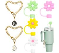 EXQUILEG 4PCS Straw Cover Fit for Stanley Cup, 10mm Silicone Straw Topper Protector Lid with 2PCS Initial Name ID Letter Charm Compatible for 30&40 Oz Tumblers Accessories