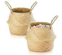 Exquilnova 2PCS Seagrass Storage Baskets,Small Laundry Basket,Baskets for Shelves,Foldable Rattan Storage Box,Wicker Basket with Handle,Wicker Plant Pot for Living Room,Bedroom,Bathroom (M 24x26)