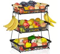 Exquilnova 3 Tier Fruit Basket with Handle,Black Stair Basket with Banana Hook for Kitchen,Detachable Metal Fruit Bowl for Fruits,Vegetables,Snacks,Breads,Spice Bottles Storage(3 Tier)
