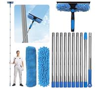 Exquilnova 4.5M Window Cleaning Equipment,Telescopic Window Cleaner with 2-in-1 Silicone Squeegee,Coral Velvet Pad for Home Windows,Bathroom Glass,Car Glass,Upstairs Windows,Solar Panels(Blue)