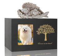 Exquilnova Personalized Dog Urns for Ashes,Wooden Dog Ashes Box with Angel Sculpture,Cremation Urns with Photo Frame,Pet Memorial Remembrance Gift for Pet Lovers(Dog Urn)