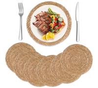 Exquilnova Round Table Mats Set of 6,Natural Cattail Woven Placemats,Handmade Place Mats for Table,Outdoor Placemats for Family Dinner,Holiday Dining,Wedding Decor,Celebration Decor (6)