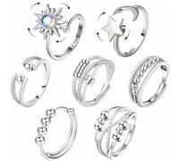 EXQUIMA 7 PCS Fidget Rings, Silver Adjustable Open Spinner Rings, Fidget Rings For Anxiety Women And Teen Girls, Open Stress Rings With Butterfly Moon Star Design For Daily Wear And Relaxation