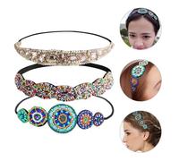 EXQUIMEUBLE 3pcs Elastic Beaded Headbands Set with Colorful Seed Beads, Rhinestone Circle Light Pink Gemstone, Stretchy Jeweled Hairbands for Women Short Hair and 70s Vintage Style