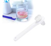 EXQUIMEUBLE 4pcs False Teeth Brush Dual Heads Double Sided Toothbrush Portable Size Gentle on Dentures with Long Non-Slip Handle Blue and White for Dentures and Retainers Cleaning