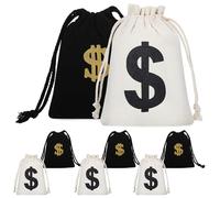 EXQUIMEUBLE 8 Pcs Cotton Linen Money Bags Drawstring Pouches, Small Canvas Coin and Cash Bags, White 12X16Cm 4Pcs Black 13X18Cm 4Pcs, Party Favor and Storage for Events