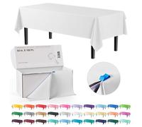 Exquisite 137.16 cm x 259.02 cm white plastic table cover rolled into one cut-to-size with a convenient sliding cutter to cut up to 12 rectangular 8-foot plastic disposable tablecloths