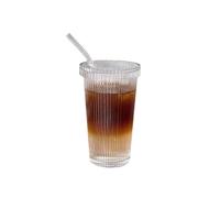 Exquisite 375ml Vertical Pattern Coffee Glass Cup with Straw Lid - Ideal for Home Drinking, Milk, Juice, Tea