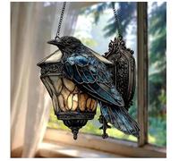 Exquisite Black Crow Lantern Suncatcher, Faux Stained Glass Halloween Crow on Lamp, Raven Gothic on Lantern Acrylic Suncatcher, for Dark Academia Room Window Halloween Decor (B)
