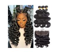 Exquisite Body Wave Bundles with 13x4 Frontal Real Human Hair Extensions Brazilian Remy Weave 3 with Lace Free Part Quick Weave(12 12 12 Closure10)