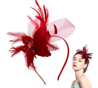 Exquisite Bonnet Bridal Headdress Feather Mesh Hair Accessories Faux Flowers Head Flowers Retro Fascinators Hat Flower Mesh Ribbons Feathers On A Headband Wedding Prom Women Girls (red)