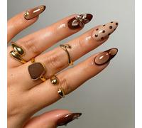 Exquisite Brown Nude 3D Floral Leopard French Tip Nail Art Design - 24 Pcs Almond Press On Short False Nails With Rhinestones Square Print For Autumn Festive Events Christmas