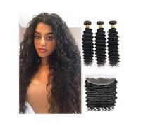 Exquisite Deep Curly Wave Bundles with Closure Frontal Brazilian Human Hair Full and Thick 3 with 13x4 Lace Quick Weave(22 24 26 Frontal 18)