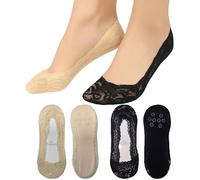 Exquisite Elegance 6 Pairs Women’s Lace No Show Socks with 360° Silicone Grip - Invisible Liner Footies for Flats & Heels - Black & Nude, UK 4-8 / EU 37-42