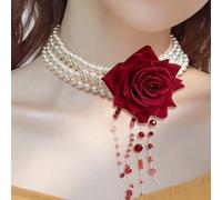 Exquisite Hand Beaded Layer Pearl Rose Fringe Necklace Dazzling Suitable For Any Occasion Let You Be The Focus Of The Audience! (Red, 15cm)