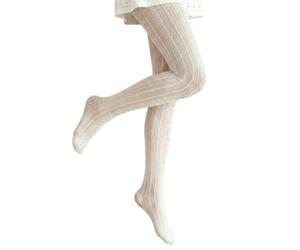 Exquisite Lace & Floral Pattern Tights for Women - Cream White Soft Cotton Cable Knit, Breathable Winter Leggings, Striped Woolen Tartan Ribbed Designs for Ladies Fashion Spotty Knitted (White)