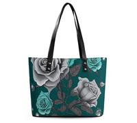 Exquisite Leather Lady's Handbag, Teal Grey Rose Printed Handbag Lychee Patterned Leather Handbag Suitable for Women for Travel, Fitness, And Commuting, Teal Grey Rose, 11*11.4*5.5 inches