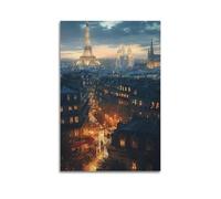 Exquisite Modern Family Canvas Wall Art Picture Print Photo Album-French Country Travel Poster Eiffel Tower at Dusk in Paris 16x24inch(40x60cm)