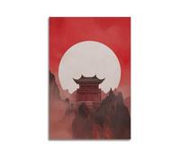 Exquisite Modern Family Canvas Wall Art Picture Print Photo Album-Japandi Landscape Poster with Chinese Pavilion And Large Moon 24x36inch(60x90cm)