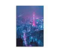 Exquisite Modern Family Canvas Wall Art Picture Print Photo Album-Neon Tokyo Cityscape Night Scene Poster with Striking Tower View 20x30inch(50x75cm)