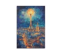 Exquisite Modern Family Canvas Wall Art Picture Print Photo Album-Pop Art Cityscape Poster Eiffel Tower Under Full Moon View 20x30inch(50x75cm)