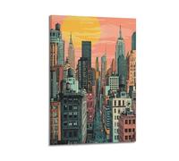 Exquisite Modern Family Canvas Wall Art Picture Print Photo Album-Retro Cityscape Poster with Large Sun Over Skyscrapers 24x36inch(60x90cm)