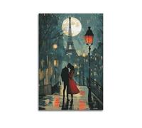 Exquisite Modern Family Canvas Wall Art Picture Print Photo Album-Romantic Watercolor Cityscape Poster with Eiffel Tower And Moonlit Couple 12x18inch(30x45cm)