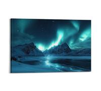Exquisite Modern Family Canvas Wall Art Picture Print Photo Album-Scandinavian Night Scene Poster with Northern Lights over Snowy Mountains 24x36inch(60x90cm)