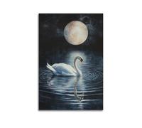 Exquisite Modern Family Canvas Wall Art Picture Print Photo Album-Surrealist Animal Poster Swan Under Full Moon at Night 24x36inch(60x90cm)