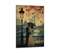 Exquisite Modern Family Canvas Wall Art Picture Print Photo Album-Vintage Paris Romance Poster with Eiffel Tower And Loving Couple 08x12inch(20x30cm)
