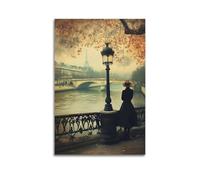 Exquisite Modern Family Canvas Wall Art Picture Print Photo Album-Vintage Travel Poster of Parisian Scene with Eiffel Tower And Autumn Foliage 24x36inch(60x90cm)