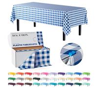 Exquisite Party Solids 54 Inch X 100 Feet Blue Gingham Plastic Table Cover Roll in A Cut - to - Size Box with Convenient Slide Cutter. Cuts Up to 12 Rectangle 8 Feet Plastic Tablecloths